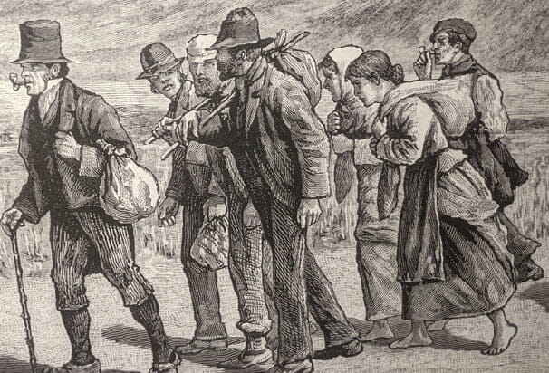 Drawing of people walking during famine times